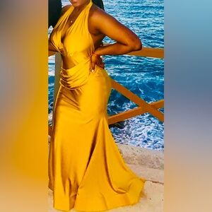 Stunning formal yellow satin mermaid halter dress #wedding #weddingguest